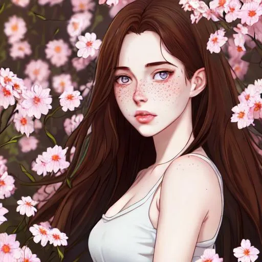 Prompt: A full body portrait of a beautiful face pale skinned 20 year old woman with freckles full, wide lips &  long dark brown hair, small eyes picking flowers, manhwa art style, 8k high quality proportionate face & features, WEBTOON artstyle
