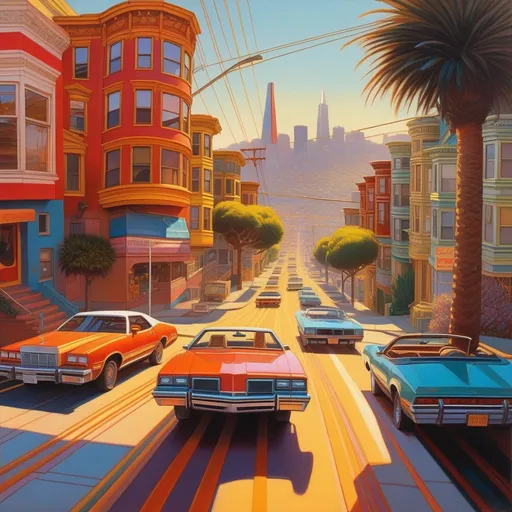 Prompt: 1980s, San Francisco, neon, car chase, sunny weather, warm atmosphere, cartoony style, extremely detailed painting by Greg Rutkowski and by Henry Justice Ford and by Steve Henderson