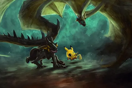 Prompt: Pikachu fighting a dragon