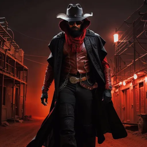 Prompt: Cyber Cowboy with 4 Arms, fiery red Poncho, Dressed in black duster and Stetson Cowboy Hat, with Red Sunglasses, Haunting Presence, Intricately Detailed, Hyperdetailed, Desert Wild West Landscape, Dusty Midnight Lighting, Wild West Feel