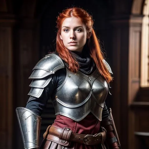 Prompt: DnD fighter, detailed background, intricate details, full plate armor, natural colors, no beard, red hair, Red Sonya, Full  body, wielding a sword