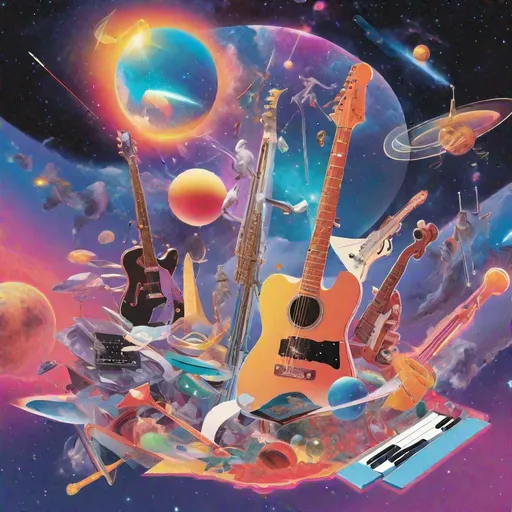 Prompt: An album cover featuring a surreal collage of musical instruments floating in space. At the center is a vibrantly colored electric guitar hovering over a crystal planet. Surrounding it are a theremin, saxophone, synthesizers, and other instruments glowing against a starry nebula backdrop. Warm spotlights illuminate each object in a dramatic fashion. By James Jean in a retro vaporwave style. ((Nebula background)) ((Glowing instruments))