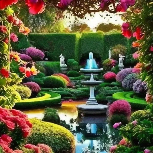 Prompt: beautiful stunning garden, serene, sunbeams, fountain, flowers, colors, vibrant, verdant, dreamy lighting, heavenly, unreal, magical