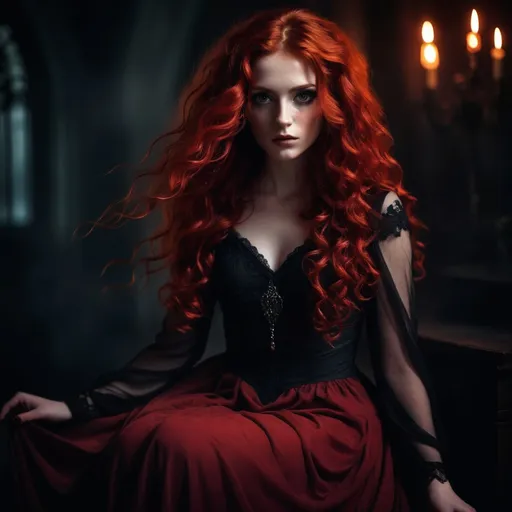 Prompt: Beautiful, young womanlong curly 
with fiery red hair, gothic style, detailed facial features, flowing red dress with dark accents, ethereal and mysterious atmosphere, atmospheric lighting, high quality, misc-gothic, red hair, beautiful eyes, flowing dress, detailed facial features, ethereal atmosphere, mysterious, professional, atmospheric lighting