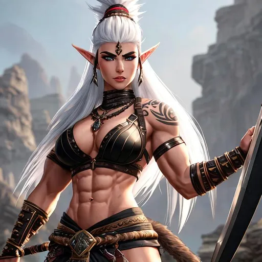 Prompt: hyperrealistic warrior barbarian female elf with white mohawk, with fit thick great figure muscular hourglass full body, with round huge chest with tribal tattoos | six-pack abs, natural black hair | small imperfections on the face, 20 years old | sultry smile | sharp focus, ultra-fine details, cinematic lighting, 4k | wlop, artgerm, vastly ornate detailed background, vibrant colors, Frank Frazetta, low angle shot