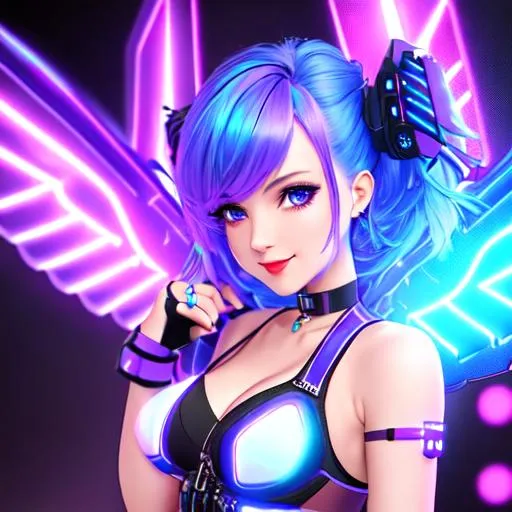 Prompt: 4K, 16K, picture quality, high quality, highly detailed, hyper-realism, cute skinny female standing, mecha wings, blue anime eyes, smirking smile, choker, gloves, cyberpunk armor, white, blue, purple, cyberpunk style, neon lights, short purple hair with blue highlights, party, lights, spotlights, stage light, cyberpunk neon city background