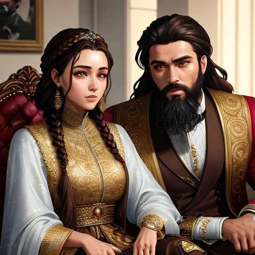 Prompt: Mislim Young boy Othman empair Prince sitting on chair with his wife, braided dark brown hair, Beard,brown eyes, icy clothes, smooth forehead, symmetrical, highly detailed body, perfect composition, hyperrealistic, super detailed, 8k, high quality, Splash art, front, epic Instagram, artstation, hyperdetailed intricately detailed, unreal engine, intricate detail, complementary colors, 8k, heavy strokes, full height, full body,