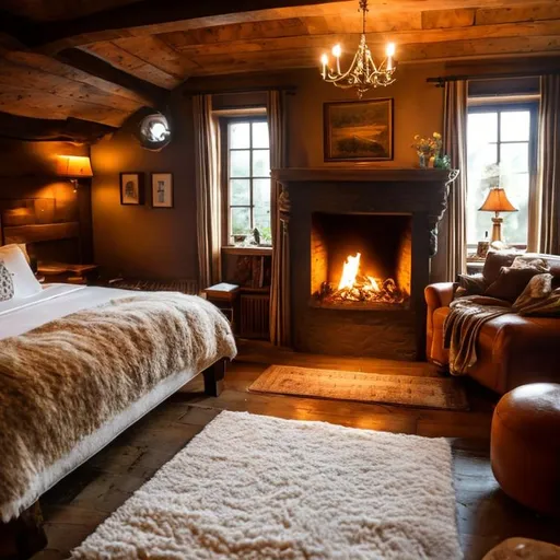 Prompt: a room with a bed and a fireplace and it's raining outside