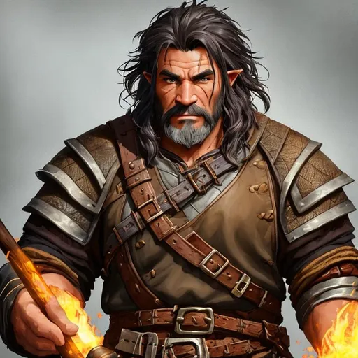 Prompt: fantasy, half-orc, brown eyes, blacksmith, D&D, D&D portrait, male, slight smile, blacksmith attire, wooden background, grizzled appearance, greying hair

hyper realistic masterpiece, highly contrast water color  mix, sharp focus, digital painting, pastel mix art, digital art, clean art, professional, contrast color, contrast, colorful, rich deep color, studio lighting, dynamic light, deliberate, concept art, highly contrast light, strong back light, hyper detailed, super detailed, render, CGI winning award, hyper realistic, ultra realistic, UHD, HDR, 64K, RPG, inspired by wlop, UHD render, HDR render