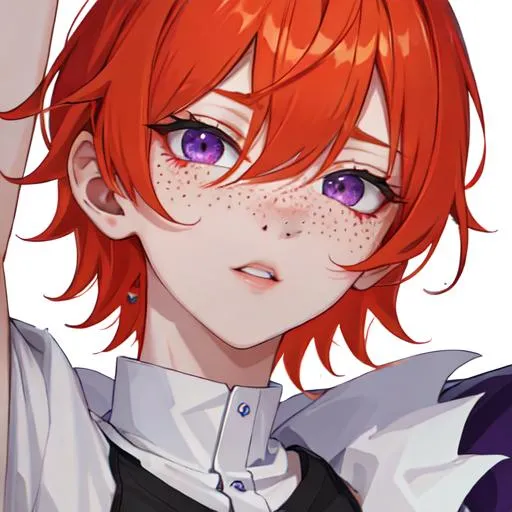 Prompt: Erikku male (short ginger hair, freckles, right eye blue left eye purple) UHD, 8K, Highly detailed, insane detail, best quality, high quality, casual outfit