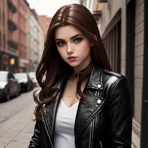 Prompt: Youth Mafia, american Girl, 16, sewer, wielding a knife, evil, charismatic, brown hair, pale Skin, leather jacket, top 