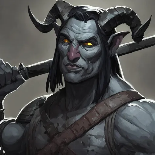 Prompt: Tall grey tiefling barbarian smith dnd character art