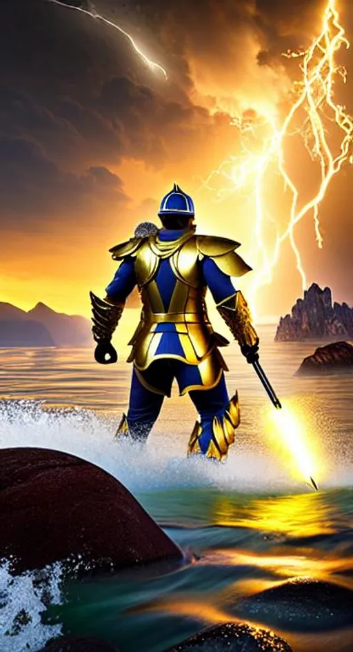 Prompt: On the coast of rocky mountains, under o'clock in the morning, a soldier with gold armor swims over dark waters and fights a sea of electrical creatures. Fire and lightning are reflected in his armor, creating amazing graphic elements., Terms of reference, fantastic, epic, fascinatingly spectacular, hyperrealistic, highly detailed, high quality 32k, unreal engine,