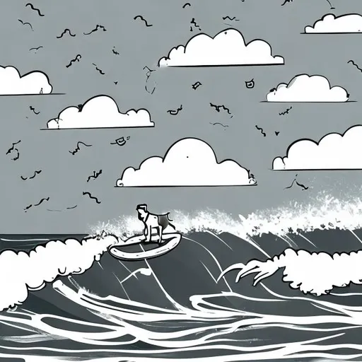Prompt: black and white illustration dog surf boarding with clouds in sky
