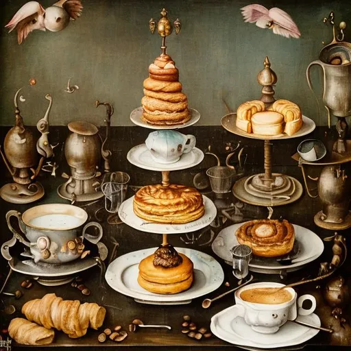 Prompt: iron table with full coffee cups, a lot of french pastry on separate plates, in the style of Hieronymus Bosch