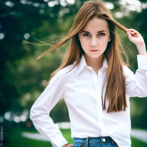 Prompt: photo realistic Landscape of girl wear white shirt, full body, with brown hair and  cute face, centered in frame, facing camera, symmetrical face, ideal human, 8k, 85mm lens,f8, photography, ultra details, natural light, light background, photo, Studio lighting