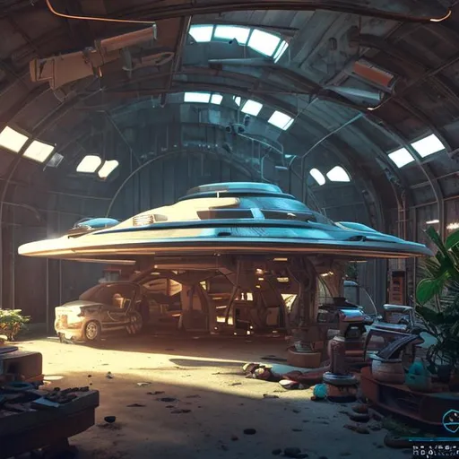 Prompt: futuristic garage spaceship in a barn, cluttered, solarpunk, tropical island, interior, luxury, realistic details, photorealistic, 8k render, cinematic lighting, ultra detailed