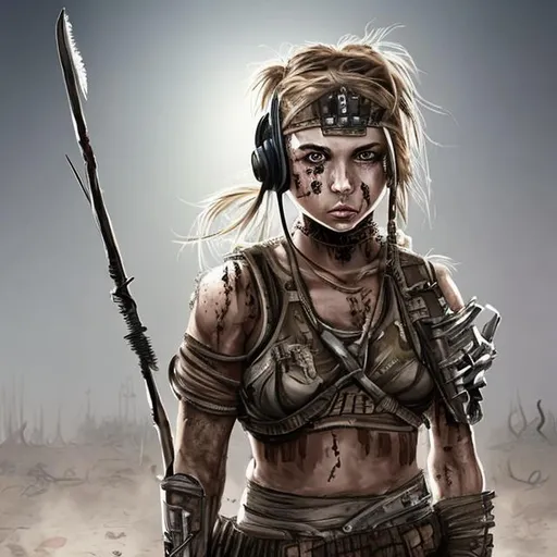 Prompt: Post-Apocalyptic Warrior girl with headphones