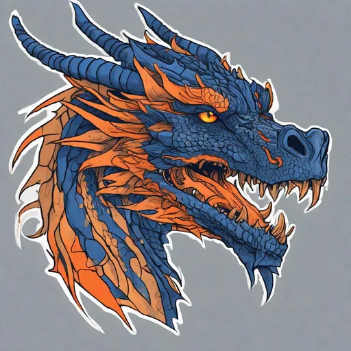 Prompt: Concept design of a dragon. Dragon head portrait. Coloring in the dragon is predominantly dark blue with bright orange streaks and details present.