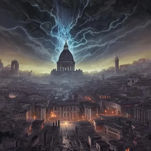Prompt: it's Rome but in a Lovecraft story. Seen by the sky.
With darkness in form of black fog that envelope the city and shadow all around.
Look like an anime but colored with Marvel style