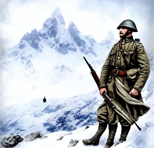 Prompt: Soldier of heaven on the alpine front of 1917 during WW1, blow my mind, fantasy, snowy, hyper realistic, photo realistic, Alpine mountains