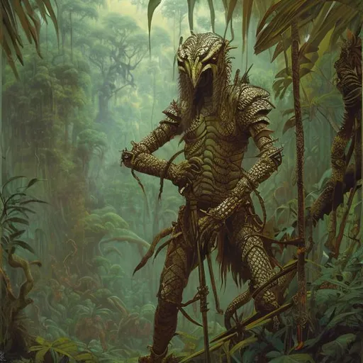 Prompt: Portrait painting, snake-like humanoid warrior with spear and fur armor, in the jungle, dull colors, danger, fantasy art, by Hiro Isono, by Luigi Spano, by John Stephens