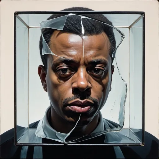 Prompt: black male, head, noir, figurative, human figure, abstract, existentialism, francis bacon, uncomfortable, broken glass