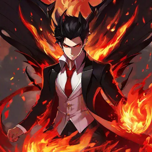 Prompt: Damien  (male, short black hair, red eyes) demon form, wearing a tuxedo, fighting, wearing a crown, angry, fire around him
