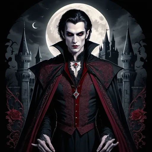 Prompt: (Vampire Prince design for a shirt), vintage style, gothic aesthetic, muted colors, deep reds and blacks, dramatic shadows, elegant and sinister, flowing cloak with intricate patterns, detailed fangs and eyes, regal attire, ethereal background with ancient castle and moonlight, mysterious and enchanting atmosphere, ultra-detailed, 4K, high quality, shirt design.