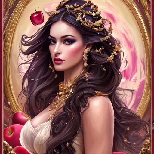 Prompt: create women body portrait high Quality full focused HD never see on earth .create full body portrait in western dress high heel in feet sitting on a apple .Craft an  full-body portrait of a powerful and alluring woman exuding confidence with a mysterious gaze, flowing tresses, and elegant attire, surrounded by meaningful symbols and set against a warm and inviting color palette. face make also fully focused clear HD eyes hair cheeks need in fully focused .