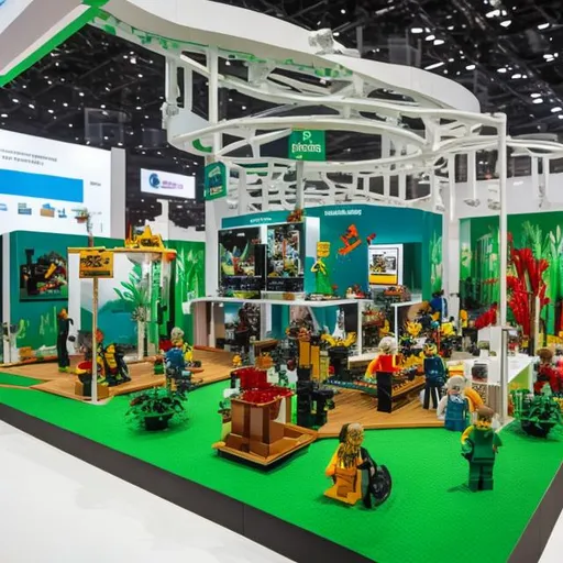 Prompt: Lego exhibition stand with sustainability theme including sugarcanes and plastic bottles. Showcase Lego technic products