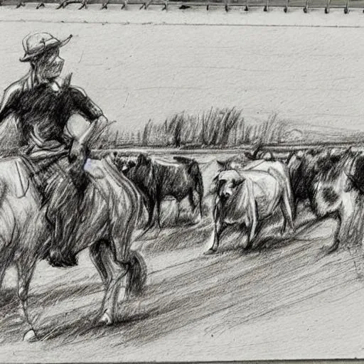 Prompt: people herding cattle on horses with dog sketch simple black and white

