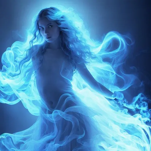 Prompt:  a young fantasy spirit, 13yo, she is ethereal vaporous and transparent. perspective shot, she reaches out to the viewer with her left hand. she is illuminated from within. her skin is translucent and she is filled with cobalt smoke, her hair is Freeform smoke which flows  and swirls about her, beautiful dark chaos, swirling tones of black, cobalt and deep purple, she stands in a blue mist, snow falls all around her --ar 3:4 --iw 9 --q 2 --s 1250
