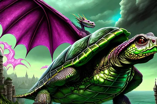 Prompt: Insanely detailed Dragon Turtle, Besieging a coastal city, Pathfinder, Dungeons & Dragons, Bestiary, Vivid and Intricate Details, Hyperdetailed, Photorealism, Film Quality, Horror, Fantasy, Dark Fantasy, WLOP, Greg Rutkowski, cool colors, deep color, green and magenta, 4K, tornadic, thunderstorm