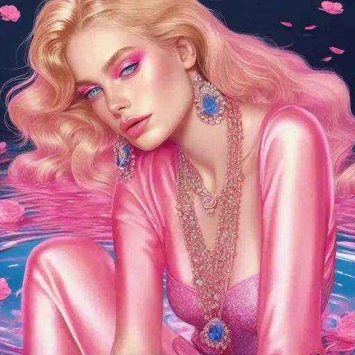 Prompt: an pretty girl blonde hair blue eyes she is super rich she has a beautiful body She Wears Gucci pink she's getting in a Gucci Rich Golden sitting on pink glowing water in make up pretty face and good hands
