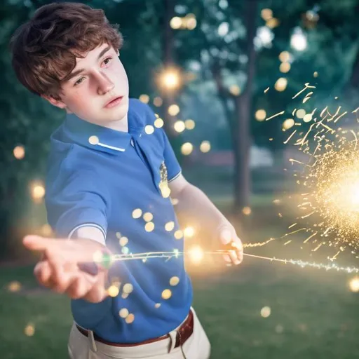 Prompt: 16 year old boy in a blue polo trying to dodge a gold sparkly magic spell flying at him that was cast by a 16 year old boy in a tuxedo useing his magic wand
