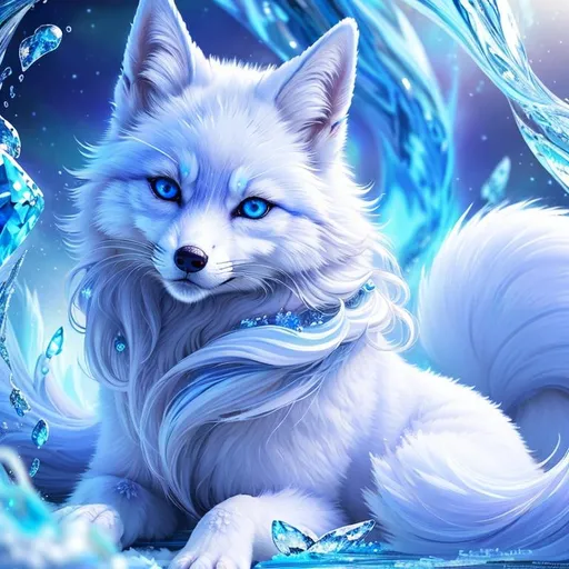 Prompt: (masterpiece, professional illustration, epic digital art, best quality:1.5), insanely beautiful female ((fox)), (canine quadruped), adolescent, ice elemental, deep blue pelt covered in frost, bashful hypnotic sapphire blue eyes, gorgeous 8k eyes, gorgeous silver mane covered in frost, (plump:2), finely detailed fur, hyper detailed fur, (soft silky insanely detailed fur), moonlight beaming through clouds, lying in frosted meadow, grassy field covered in frost, cool colors, professional, symmetric, golden ratio, unreal engine, depth, volumetric lighting, rich oil medium, (brilliant auroras), (ice storm), full body focus, beautifully detailed background, cinematic, 64K, UHD, intricate detail, high quality, high detail, masterpiece, intricate facial detail, high quality, detailed face, intricate quality, intricate eye detail, highly detailed, high resolution scan, intricate detailed, highly detailed face, very detailed, high resolution