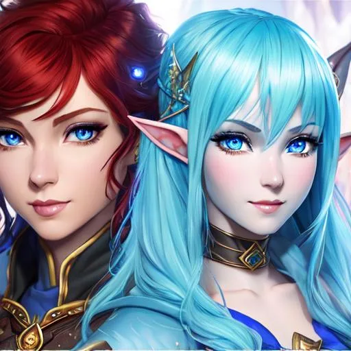 Prompt: oil painting, D&D fantasy, Blue-skinned-human girl, Blue-skinned-female, slender, elf ears, beautiful, short bright red hair, curly hair, smiling, pointed ears, looking at the viewer, Ranger wearing intricate adventurer outfit, #3238, UHD, hd , 8k eyes, detailed face, big anime dreamy eyes, 8k eyes, intricate details, insanely detailed, masterpiece, cinematic lighting, 8k, complementary colors, golden ratio, octane render, volumetric lighting, unreal 5, artwork, concept art, cover, top model, light on hair colorful glamourous hyperdetailed medieval city background, intricate hyperdetailed breathtaking colorful glamorous scenic view landscape, ultra-fine details, hyper-focused, deep colors, dramatic lighting, ambient lighting god rays, flowers, garden | by sakimi chan, artgerm, wlop, pixiv, tumblr, instagram, deviantart