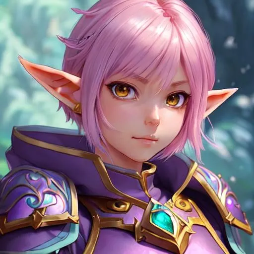 Prompt: female astral elf oath of wile Paladin character concept art and illustration by akihiko yoshida, style of pixar, amazing detailed face closeup, short wolf haircut pink hair, big beautiful eyes swirl with iridescent colors, wearing traveler's clothes, action, madhouse and kyoani character face, cute, pretty girl, portrait, pixiv, artstation, spectacular details, Volumetric Lighting, Dramatic lighting