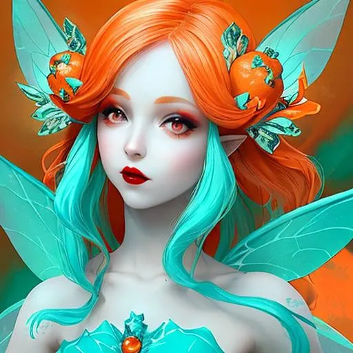 Prompt: A pretty  pale skinned fairy goddes with an orange and aqua color scheme.  dark red lips closeup