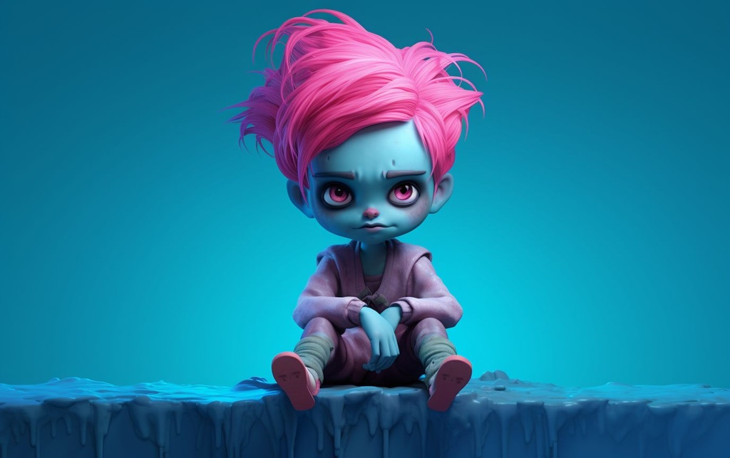 Prompt: a scary ghost with pink hair sitting in front of a blue background, in the style of zbrush, edgy caricatures, craig davison, magenta and green, cute cartoonish designs, beeple, clownpunk