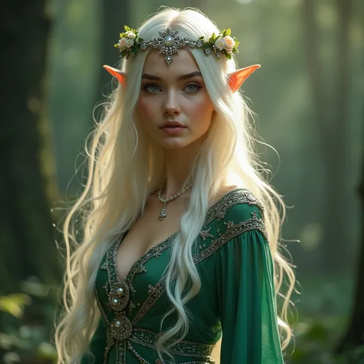 Prompt: Adult slim female elf royalty, graceful posture, ethereal elegance, adorned in intricate silver and emerald robes, wearing a delicate crown, long flowing hair adorned with flowers, serene expression, surrounded by enchanted forest backdrop, magical soft lighting highlighting her features, enchanting atmosphere, mystical aura, ultra-detailed, high quality.