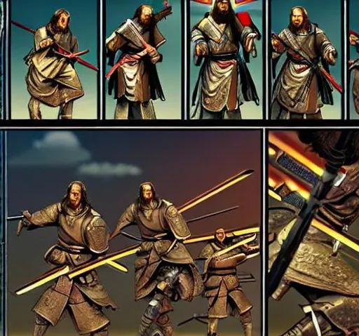 Prompt: Comic strip  Jesus Christ army very detailed new age painting style futuristic samurai saints with guns and swords battle against evil cyberpunk ninjas with electric swords highly detailed battle scene unreal engine 5 style 