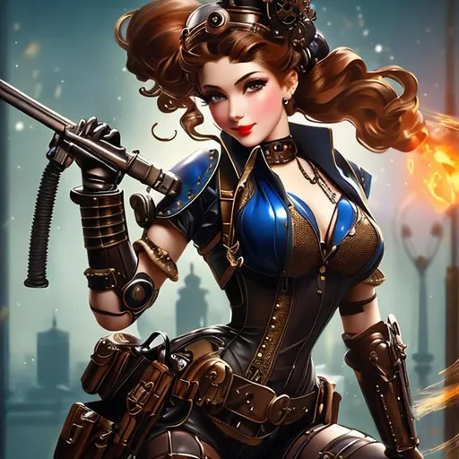 Prompt: Splash art, 1890s pinup style. A complete body form of a stunningly beautiful, Steampunk-style humanoid robot, a radio antenna attached to her head, armed with a rifle. Masterpiece, Best Quality, detailed, realistic.