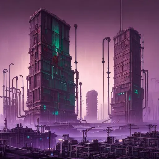 Prompt:  fantasy art style, painting, brutalist architecture, brutalism, brutalist building, pipes, windows, block, cube, industrialisation, industry, power plants, nuclear fusion, concrete, crowded, dense city, overpopulated, neon lights, green neon lights, purple neon lights, neon sign, pollution, smog, fog