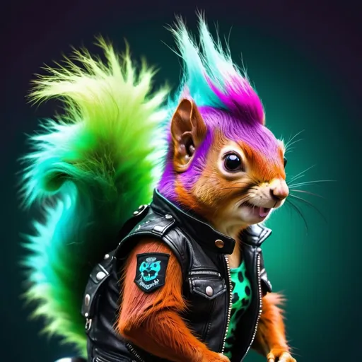 Prompt: Red squirrel with a green and turquoise mohawk, vibrant colorful spots, long fur, wearing a black motorcycle vest with punk patches, mystical and magical atmosphere, high quality 4k, colorful punk style, vibrant purple and green tones, mystical aura, detailed fur, professional lighting, animal, cartoon