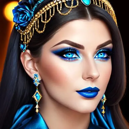 Prompt: a realistic feminine elegant princess ,  dark hair, large blue eyes, wearing jewls in her hair,  beautiful makeup, blue eyeshadow, dark blue lipstick, facial closeup