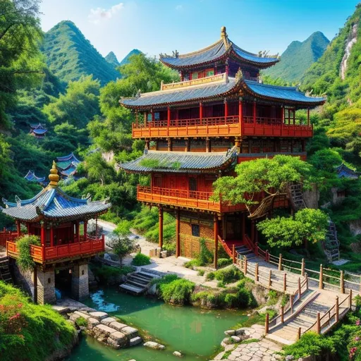 Prompt: Chinese village houses, gorgeous d tree house, sunny day, old street, middle ages, old town, temple, buddha,

masterpiece photoghrafic real digatal ultra realistic 
 cinematic light,
volumetric lighting maximalist photo illustration 4k, resolution high res intricately detailed complex,

soft focus, realistic, heroic fantasy art, clean art, professional, colorful, rich deep color, concept art, CGI winning award, UHD, HDR, 8K, RPG, UHD render, HDR render, 