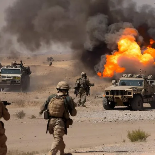 Prompt: Afghanistan firefight with a humvee on fire in the background while people are shooting there m4a1’s and explosions in the background 
