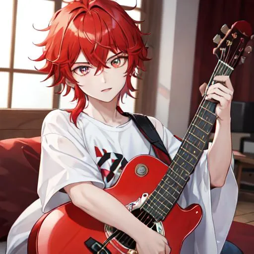 Prompt: Zerif 1boy (Red side-swept hair covering his right eye) playing a guitar UHD, 8K, highly detailed, child, 